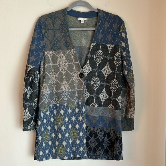 J. Jill Women Patchwork open cardigan duster argyle long sweater blue gray Small - Picture 1 of 11